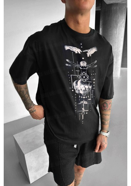Erkek Siyah Da Vinci Sicience Oversize Fit Bol Geniş Kalıp Salaş Kesim T-Shirt