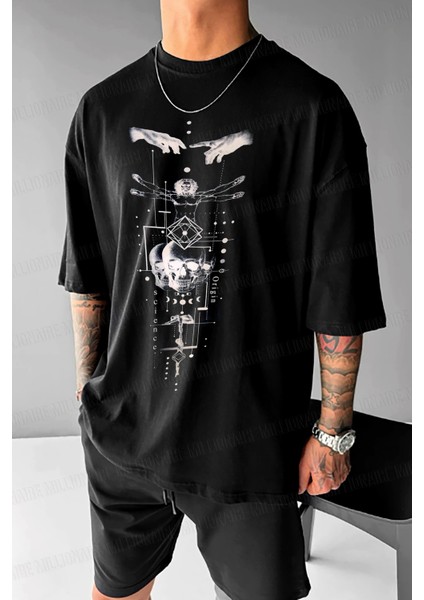 Erkek Siyah Da Vinci Sicience Oversize Fit Bol Geniş Kalıp Salaş Kesim T-Shirt fiyatları