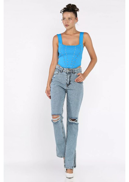 Yırtmaçlı Kadın Jean Kot Pantolon P-00017796