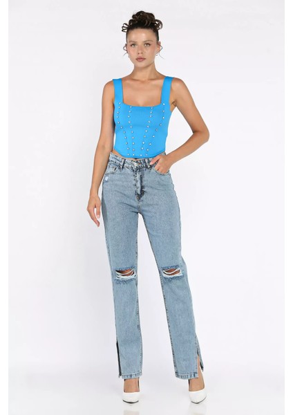 Yırtmaçlı Kadın Jean Kot Pantolon P-00017796