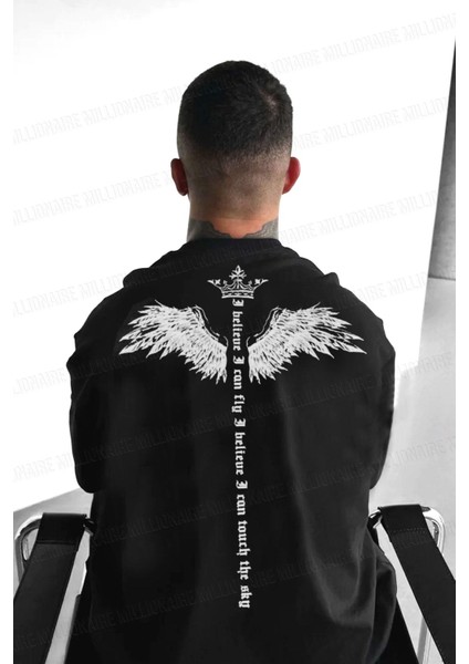 Erkek Siyah I Can Fly Oversize Fit Bol Geniş Kalıp Salaş Kesim T-Shirt