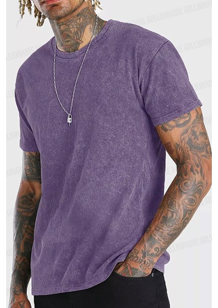 Erkek Mor Regular Asit Yıkamalı Eskitme Efektli Boyalı T-Shirt
