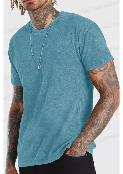 Erkek Turkuaz Regular Asit Yıkamalı Eskitme Efektli Boyalı T-Shirt
