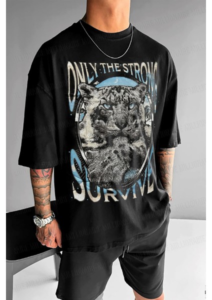 Erkek Siyah Survive Oversize Fit Bol Geniş Kalıp Salaş Kesim T-Shirt