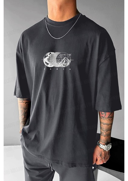 Erkek Füme Earth Oversize Fit Bol Geniş Kalıp Salaş Kesim T-Shirt