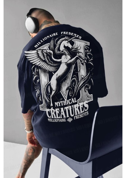 Erkek Lacivert Creatures Oversize Fit Bol Geniş Kalıp Salaş Kesim T-Shirt