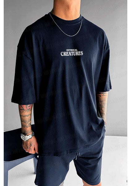 Erkek Lacivert Creatures Oversize Fit Bol Geniş Kalıp Salaş Kesim T-Shirt fiyatları