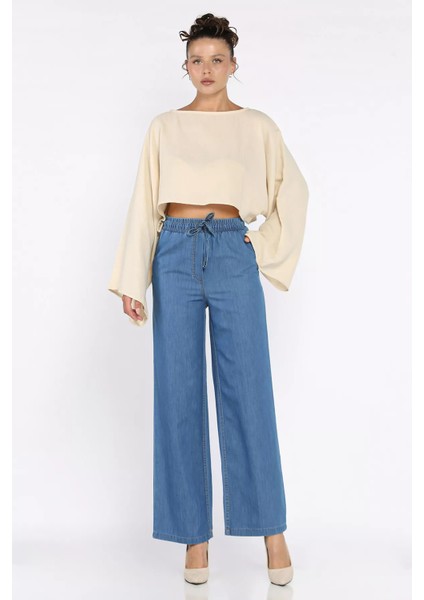 Kadın Bel Lastikli Yüksek Bel Palazzo Jean Kot Pantolon P-00017803