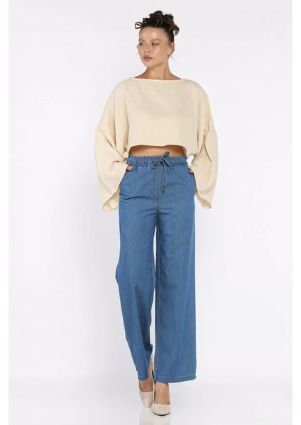 Kadın Bel Lastikli Yüksek Bel Palazzo Jean Kot Pantolon P-00017803 fiyatları