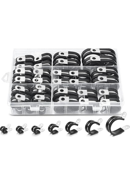 60 Adet Kablo Kelepçeleri Çeşitler Kiti, 304 Paslanmaz Çelik Kauçuk Yastık Boru Kelepçeleri R Tipi Hortum Kelepçesi 7 Boyutları (Yurt Dışından)