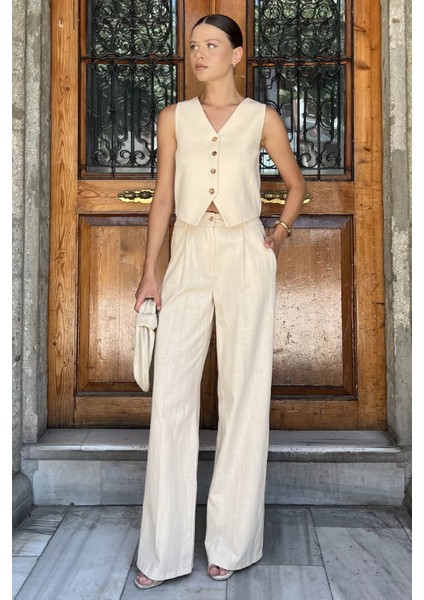 Kadın Astarlı Yelek Pantolon Ikili Keten Takım P-00017789