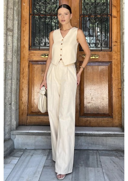 Kadın Astarlı Yelek Pantolon Ikili Keten Takım P-00017789 fiyatları