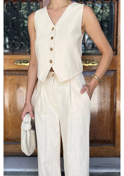Kadın Astarlı Yelek Pantolon Ikili Keten Takım P-00017789 fırsatları