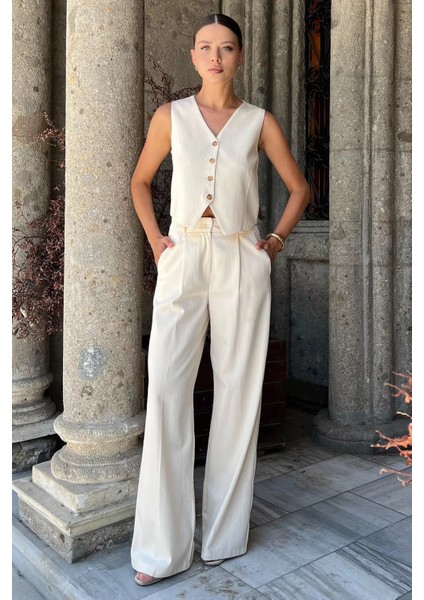 Kadın Astarlı Yelek Pantolon Ikili Keten Takım P-00017789