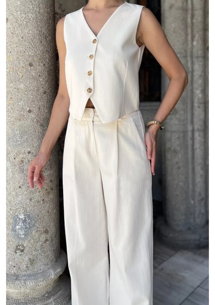 Kadın Astarlı Yelek Pantolon Ikili Keten Takım P-00017789 fırsatları