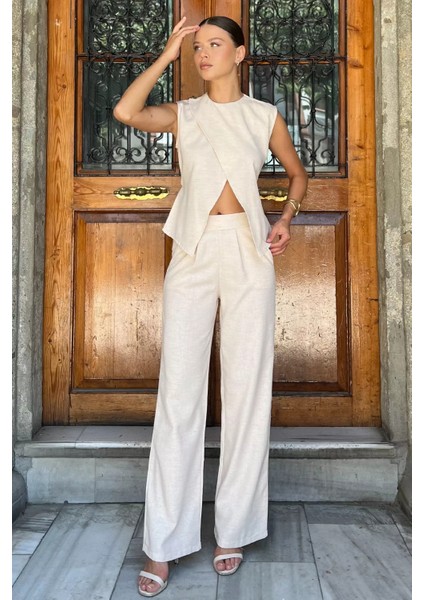 Bel Bağcıklı Keten Bluz Pantolon Ikili Takım P-00017781