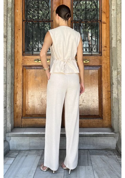 Bel Bağcıklı Keten Bluz Pantolon Ikili Takım P-00017781 modelleri