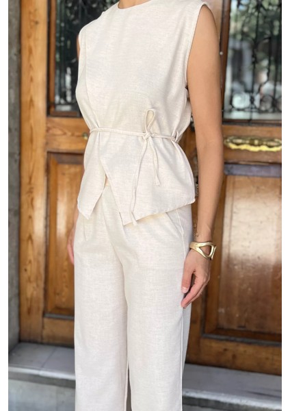 Bel Bağcıklı Keten Bluz Pantolon Ikili Takım P-00017781 fırsatları