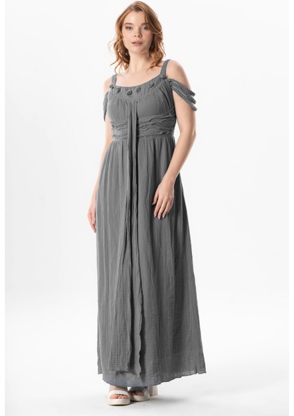 Askılı Kleopatra Kol Detaylı Uzun Müslin Yazlık Elbise Gri Gri