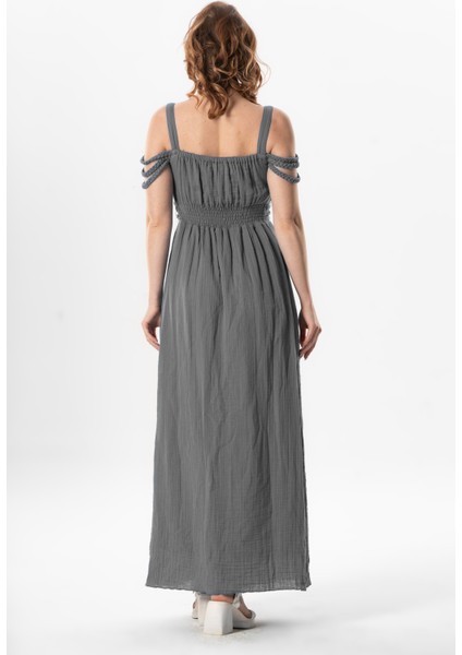 Askılı Kleopatra Kol Detaylı Uzun Müslin Yazlık Elbise Gri Gri fiyatları