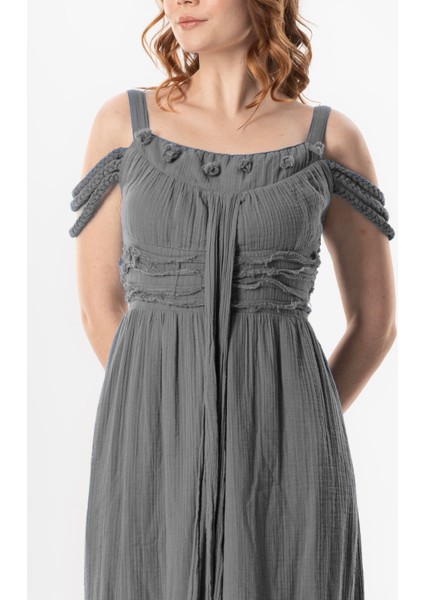 Askılı Kleopatra Kol Detaylı Uzun Müslin Yazlık Elbise Gri Gri modelleri
