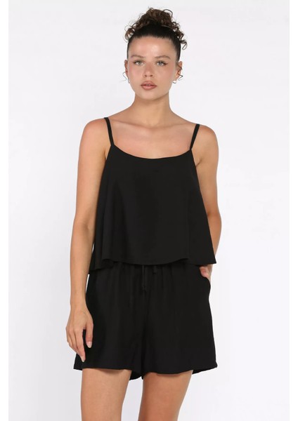 Kadın Ayarlanabilir Askılı Bluz Bel Lastikli Şort Ikili Takım P-00017791