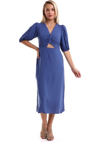 Kadın Kısa Kollu Göbek Dekolteli Midi Elbise 7002-450-0005