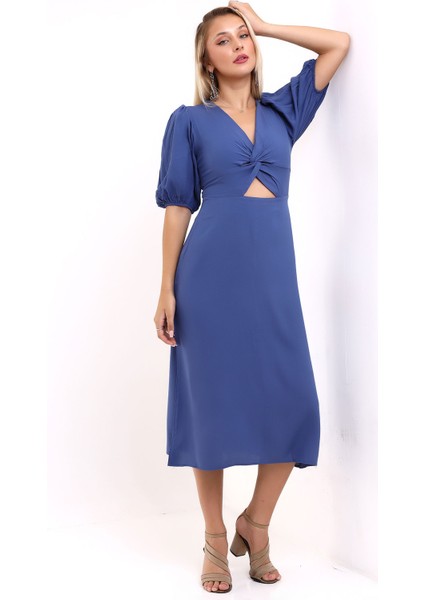 Kadın Kısa Kollu Göbek Dekolteli Midi Elbise 7002-450-0005 modelleri