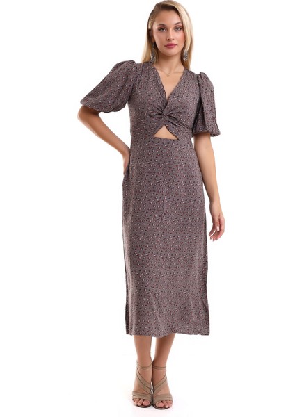 Kadın Kısa Kollu Göbek Dekolteli Midi Elbise 7002-450-0005