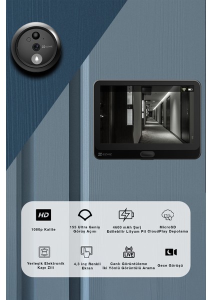 Ezvız Hp4 Wi-Fi Akıllı Kapı Dürbünü ve Görüntüleyici – 4.3” Dokunmatik Ekranlı, 2 Mp Kamera, Hareket Algılama, Gece Görüşü, Iki Yönlü Sesli, Microsd Destekli | Fynix Teknoloji