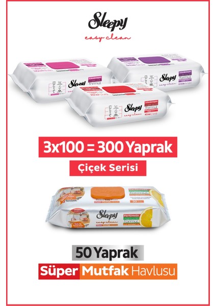 Easy Clean Çiçek Serisi&portakal Yağlı Süper Mutfak Yüzey Temizlik HAVLUSU&MENDILI(3X100+50)