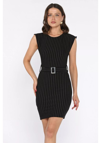 Kemerli Çizgi Desenli Kadın Elbise P-00017746