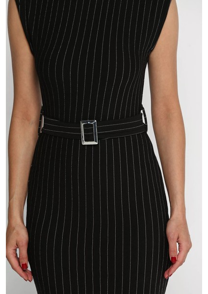 Kemerli Çizgi Desenli Kadın Elbise P-00017746 fırsatları