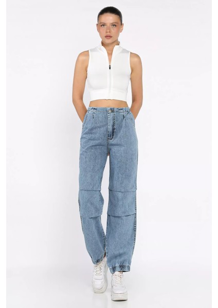 Kadın Bel ve Paça Lastikli Yüksek Bel Jean Kot Pantolon P-00017756