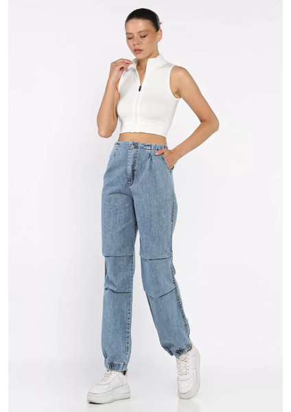 Kadın Bel ve Paça Lastikli Yüksek Bel Jean Kot Pantolon P-00017756 fiyatları