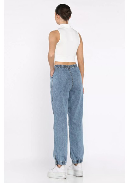 Kadın Bel ve Paça Lastikli Yüksek Bel Jean Kot Pantolon P-00017756 modelleri