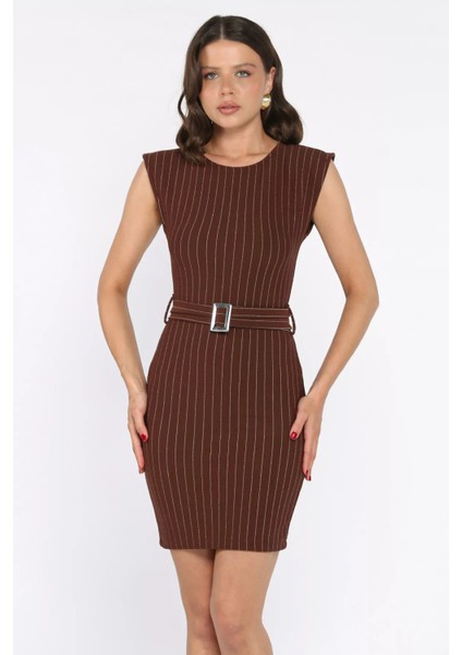 Kemerli Çizgi Desenli Kadın Elbise P-00017746