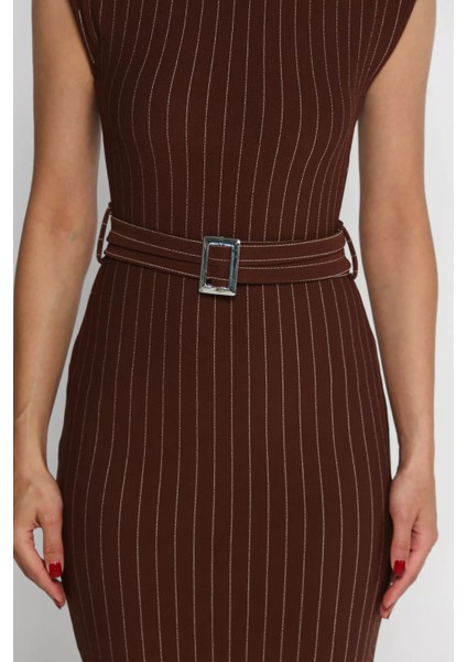 Kemerli Çizgi Desenli Kadın Elbise P-00017746 fırsatları