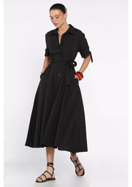 Düğmeli ve Pileli Kısa Kol Uzun Elbise P-00017763