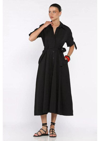 Düğmeli ve Pileli Kısa Kol Uzun Elbise P-00017763 fiyatları