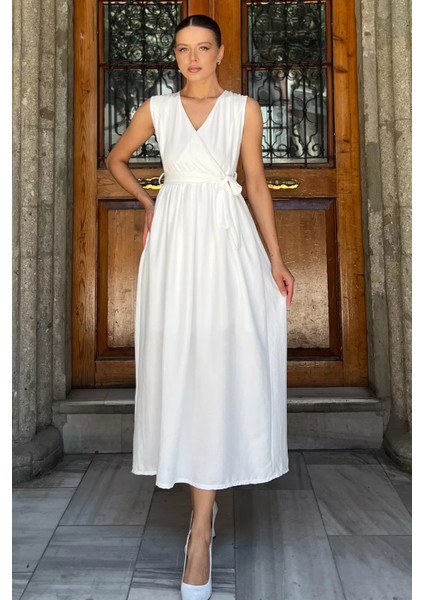 Kruvaze Yaka Kuşaklı Sıfır Kol Elbise P-00017759