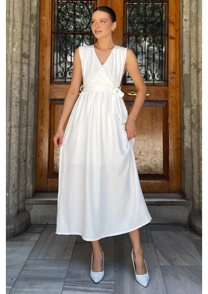 Kruvaze Yaka Kuşaklı Sıfır Kol Elbise P-00017759 fiyatları