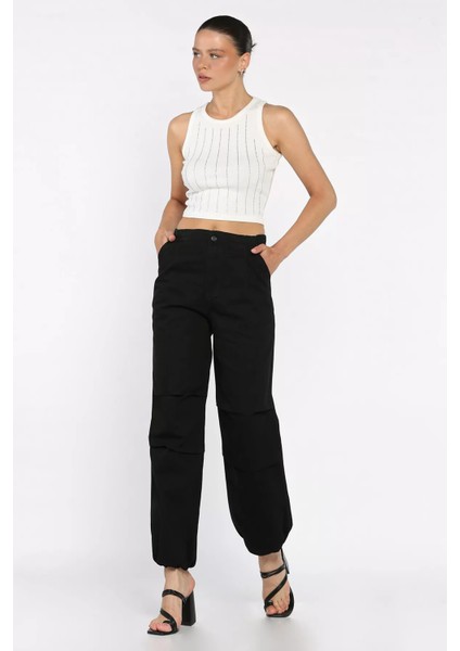 Kadın Bel ve Paça Lastikli Yüksek Bel Jean Kot Pantolon P-00017756