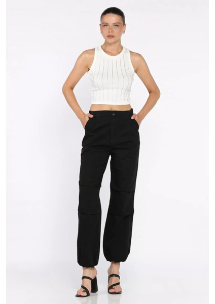 Kadın Bel ve Paça Lastikli Yüksek Bel Jean Kot Pantolon P-00017756