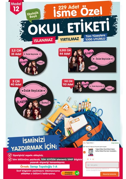 Okul Etiketi Black Pink Kalem Defter Etiketi Özel Isim Yazılabilen Etiket Seti - Isim Etiketi -T548-OE12