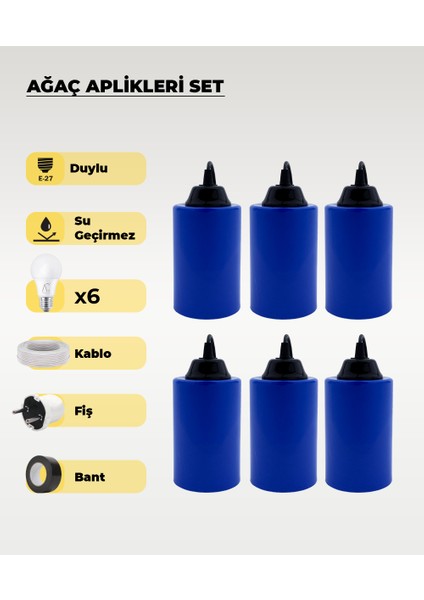 Hazır Set Mavi Silindir Ağaç Feneri - 6 Adet (Sarı Işık Ampul, Kablo, Fiş ve Bant Dahil)