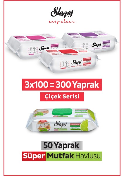 Easy Clean Çiçek Serisi&bergamot Yağlı Süper Mutfak Yüzey Temizlik HAVLUSU&MENDILI(3X100+50)