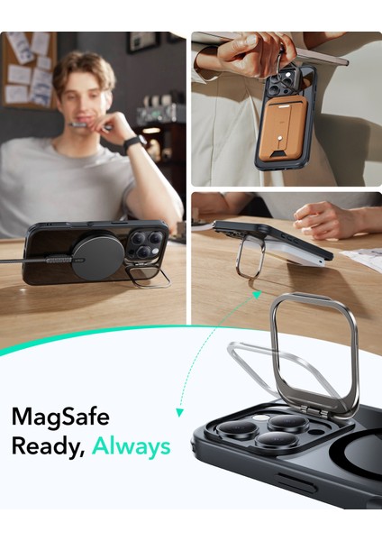 Apple iPhone 16 Pro Kılıf + Ekran Koruyucu Set Halolock Magsafe Classic Hybrid Stantlı Silikon - Şeffaf Siyah