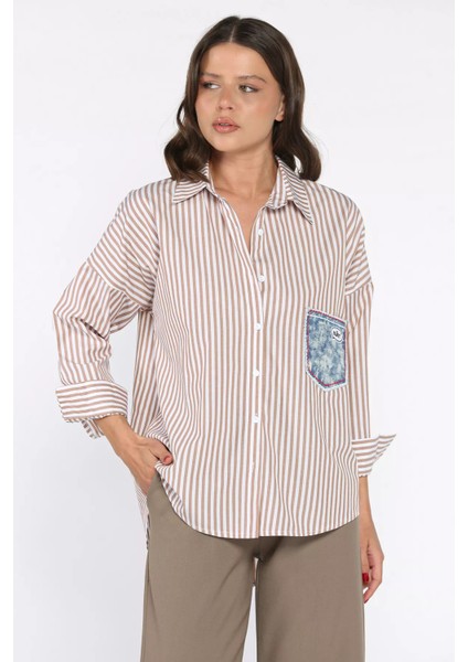 Çizgili Cepli Kadın Salaş Gömlek P-00017691