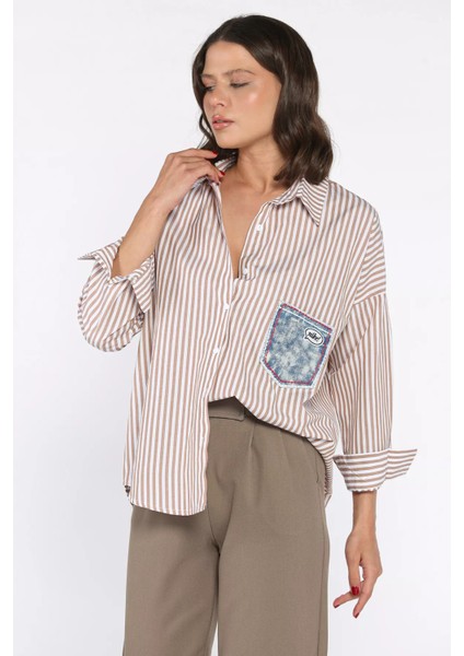 Çizgili Cepli Kadın Salaş Gömlek P-00017691 fiyatları
